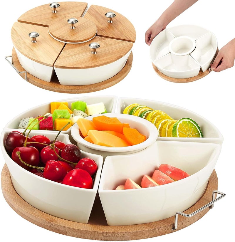 Rtteri 360° Rotatable Lazy Susan Serving Tray with Bowls 11.4'' Chip and Dip Serving Set, 5 Removable Compartment Divided Serving Dishes Ceramic Porcelain Taco Bar Platters and Trays for Party - Image 1